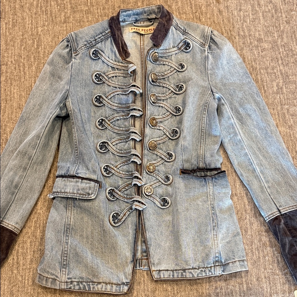 Free People Blue Denim Jacket with Brown Accents
